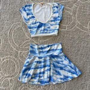 Halloween or rave Blue and White Cloud Crop Top and Skirt Set
